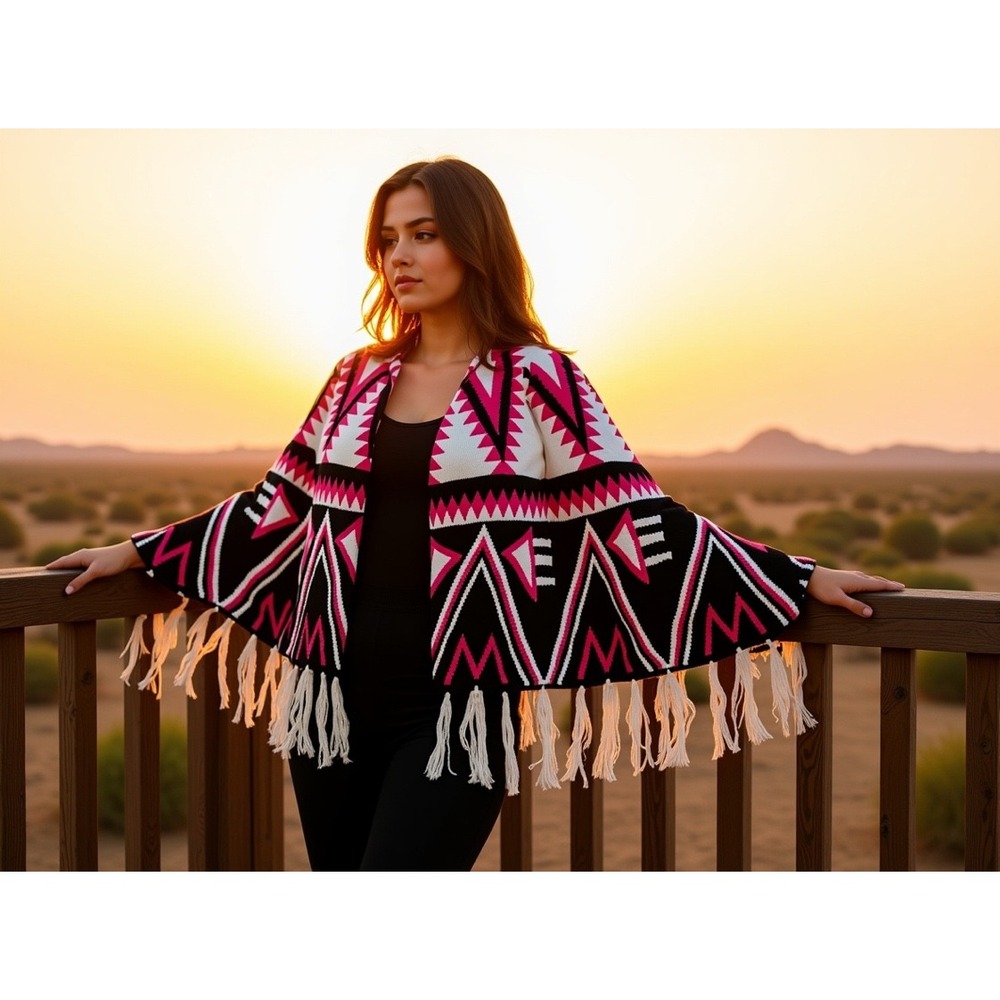 Glitzy Girlz Women western Aztec Cardigan Fringe Knit Jacket XXL colorful cozy